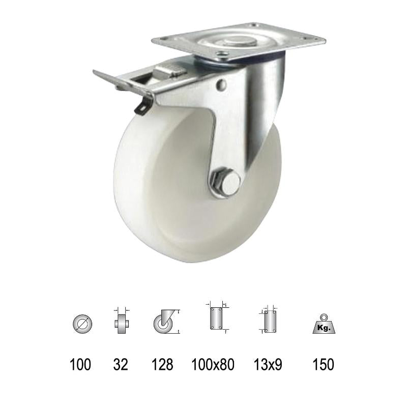 Rueda Industrial Nylon Placa Con Freno 100mm