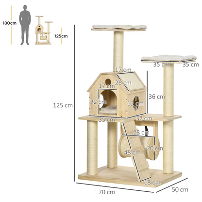 Pawhut Árbol Rascador Para Gatos Madera 125 Cm Con Camas Cueva Postes De Sisal_2