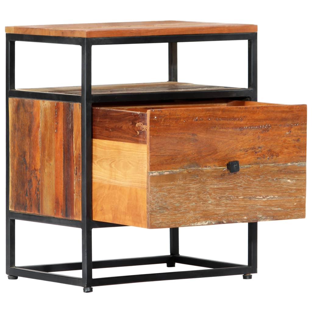 Mesita De Noche De Madera Maciza Reciclada Y Acero 40x30x50 Cm_0