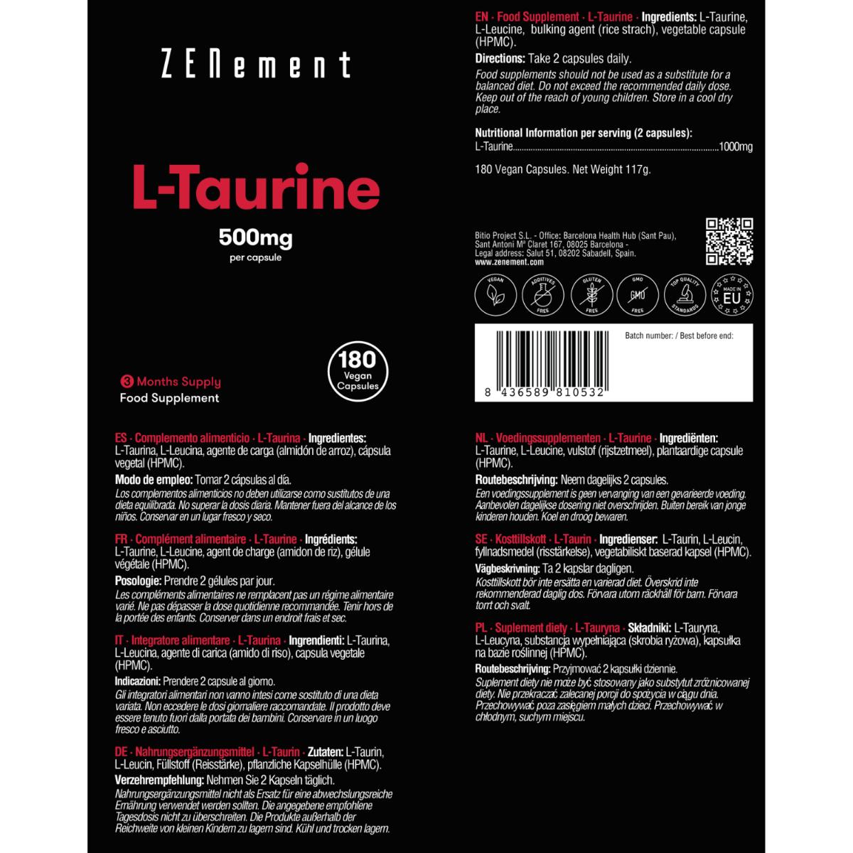L-Taurina 500 mg por comprimido Zenement, 180 comprimidos