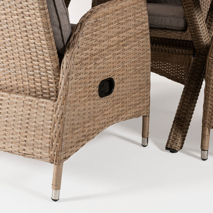 Conjunto Muebles Exterior, Mesa 140x80 Cm Y 4 Sillones Reclinables, Aluminio Y Rattán Sintético Plano Color Natural, 4 Plazas, Cristal Templado 5 Mm_4