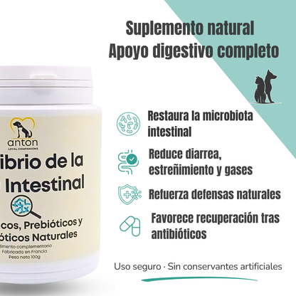 Suplemento natural para perros y gatos – Equilibrio Flora Intestinal Probióticos, Prebióticos y Postbióticos 100 g