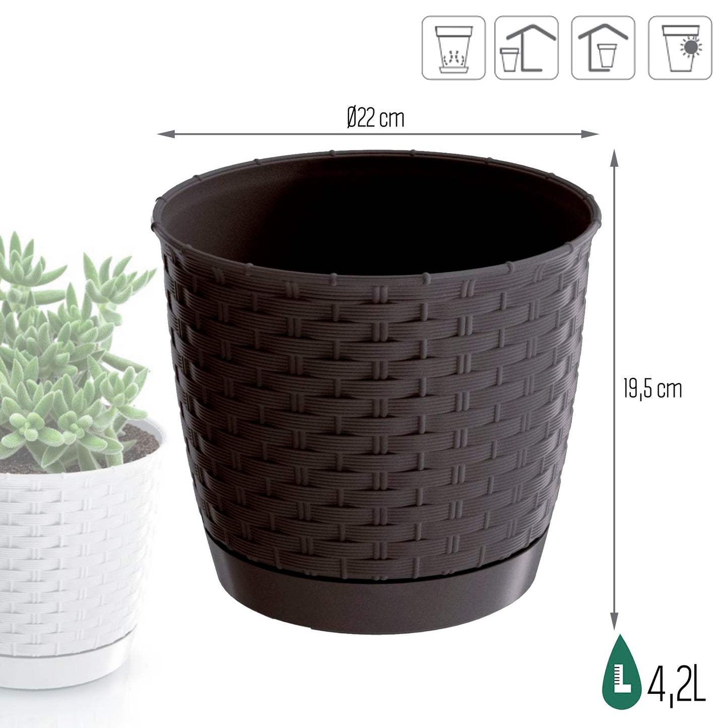 Maceta Ratolla Round 4,2l., Dimensiones (mm) 220x220x195, Color Ocre Oscuro