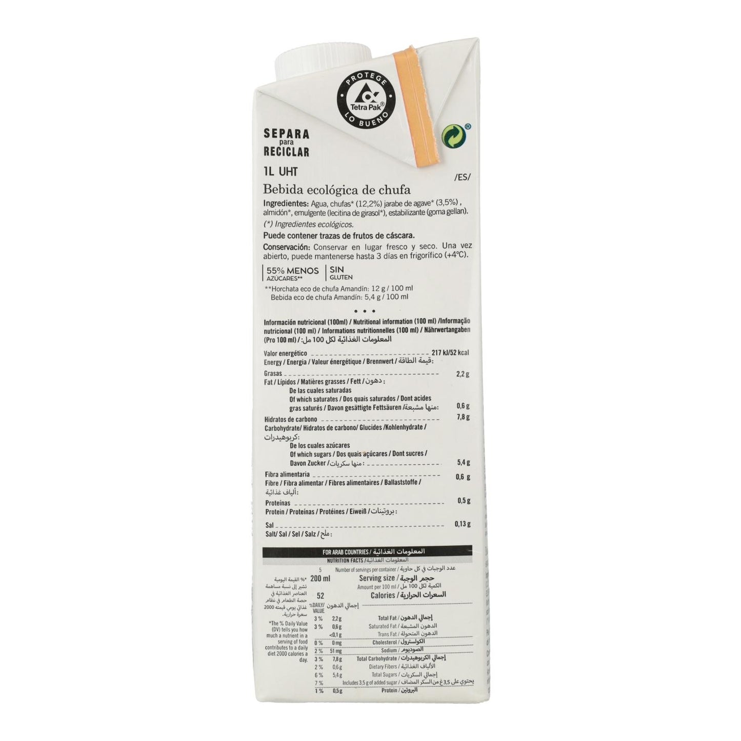 Horchata de chufa 0% açúcar, adoçada com agave Amandín 1L