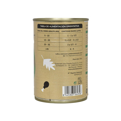 Ração húmida superpremium sem cereais para cães, frango e pato, 380g Planeta Huerto