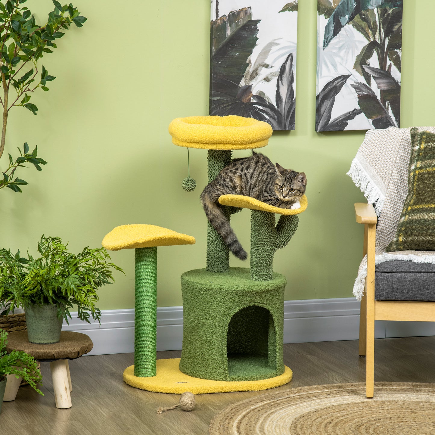 Pawhut Árbol Rascador Para Gatos En Forma De Cactus Altura 83 Cm Con Cama Caseta_1