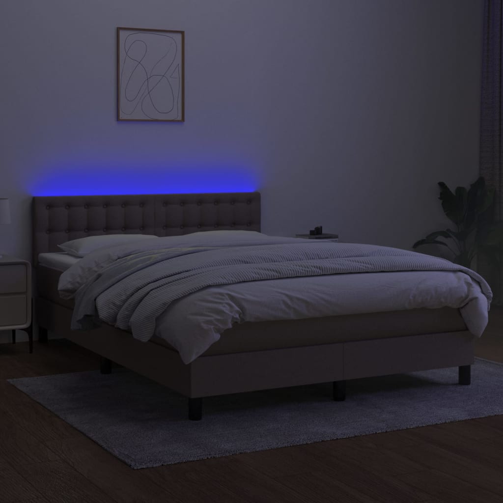 Cama Box Spring Colchón Y Luces Led Tela Gris Taupe 140x200 Cm / Vetonek_0