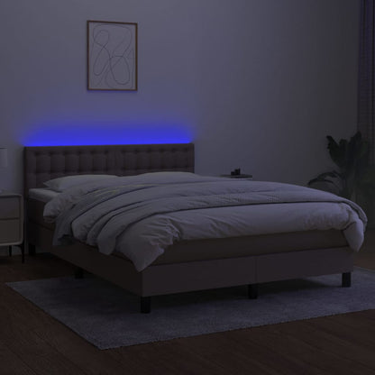 Cama Box Spring Colchón Y Luces Led Tela Gris Taupe 140x200 Cm / Vetonek_0