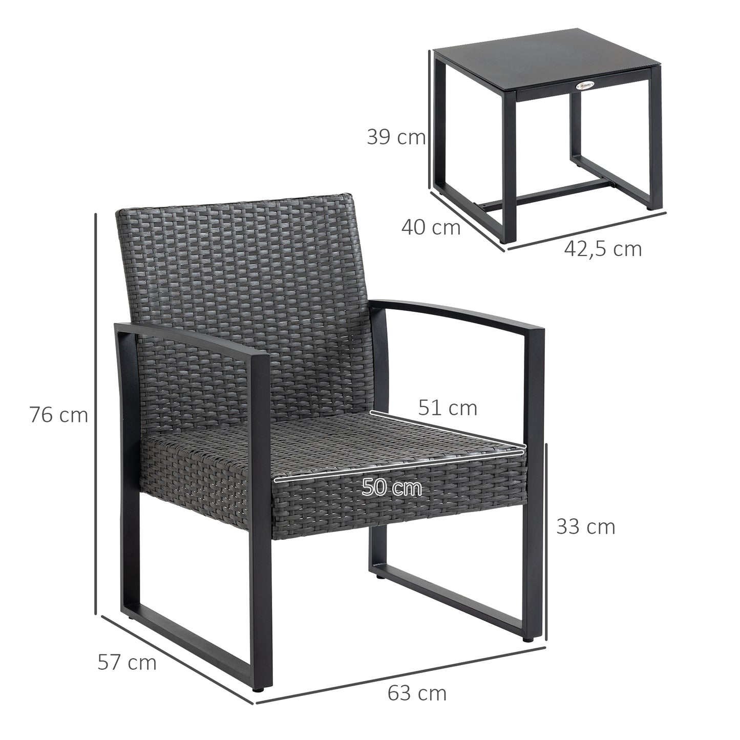 Outsunny Conjunto De Muebles De Ratán 1 Mesa Y 2 Sillas Con Cojines Gris Y Negro_2