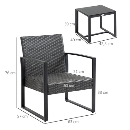 Outsunny Conjunto De Muebles De Ratán 1 Mesa Y 2 Sillas Con Cojines Gris Y Negro_2