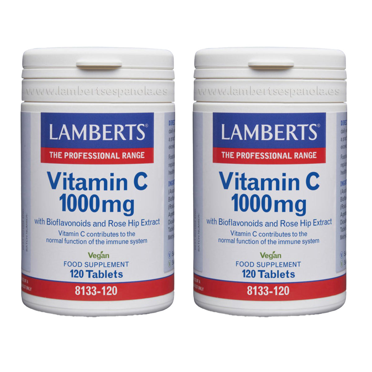 Embalagem de 2 Vitaminas C 1000 mg com bioflavonóides e rosa mosqueta, Lamberts, 120 comprimidos