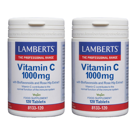 Embalagem de 2 Vitaminas C 1000 mg com bioflavonóides e rosa mosqueta, Lamberts, 120 comprimidos