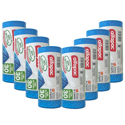 80% Reciclado 8 Rollos De 15 Bolsas De Basura   30l Con Autocierre