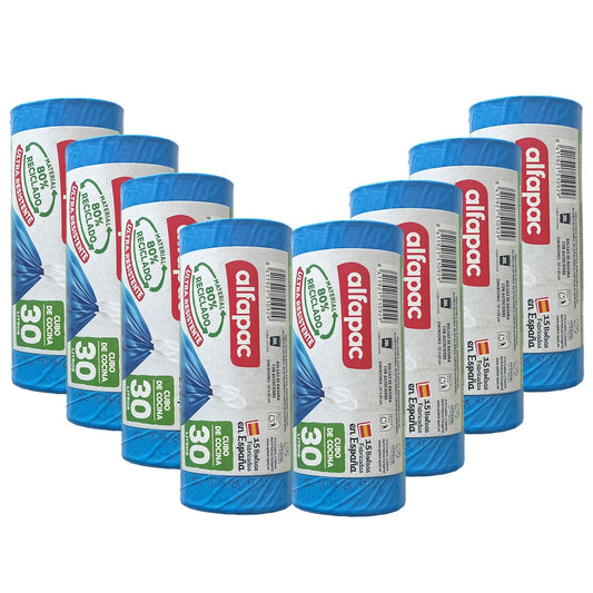 80% Reciclado 8 Rollos De 15 Bolsas De Basura   30l Con Autocierre
