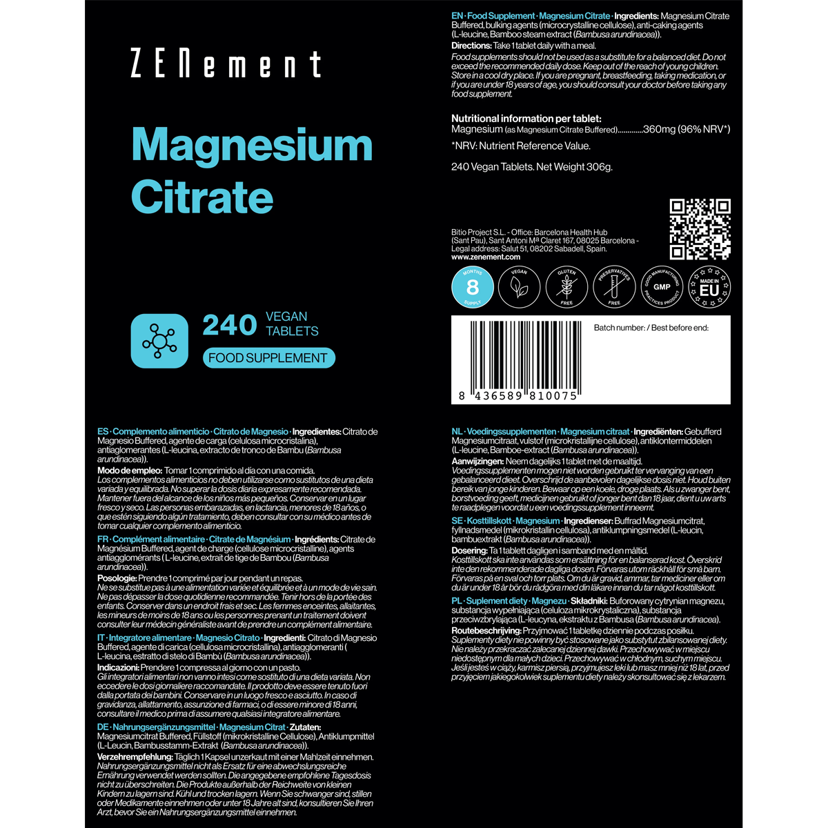 Zenement Citrato de Magnésio 240 comprimidos