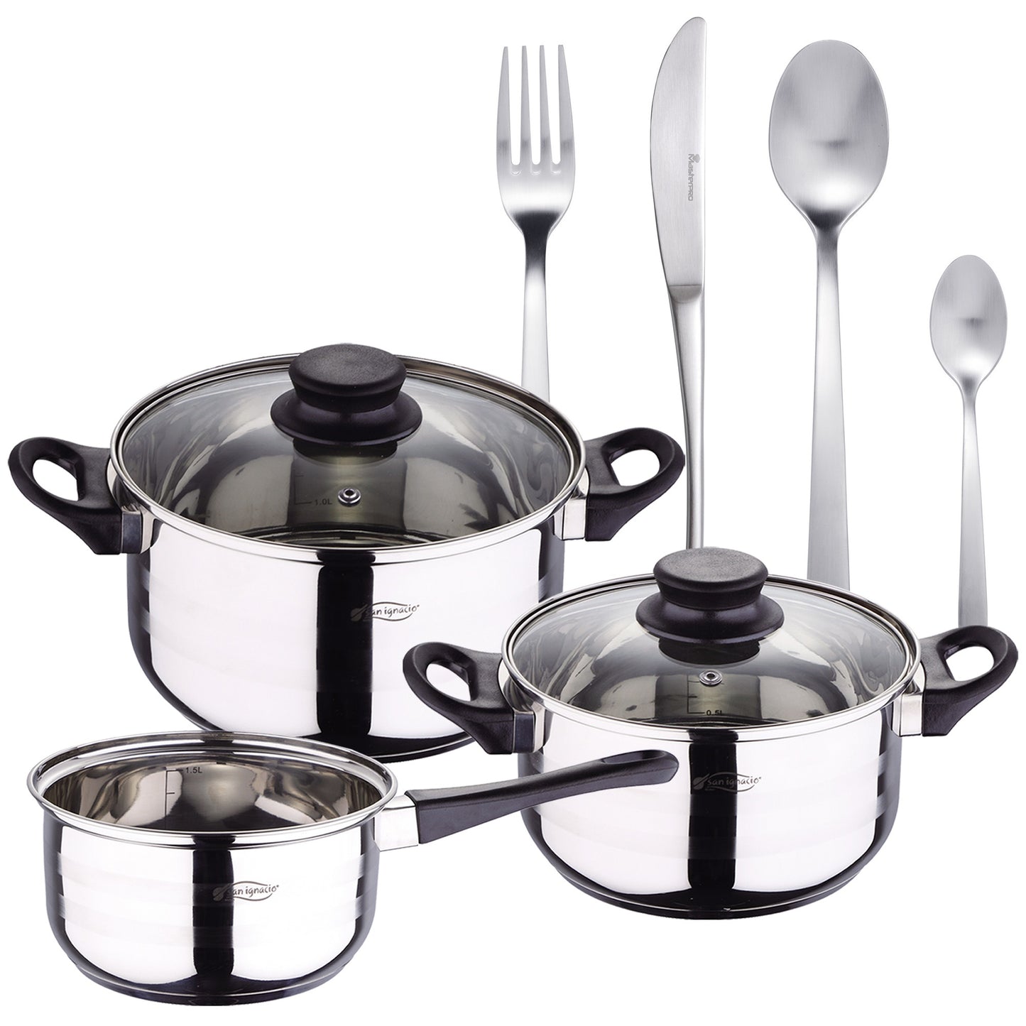 Pack Batería De Cocina 5 Piezas + Set De Cubertería 16pc En Acero Inoxidable_0