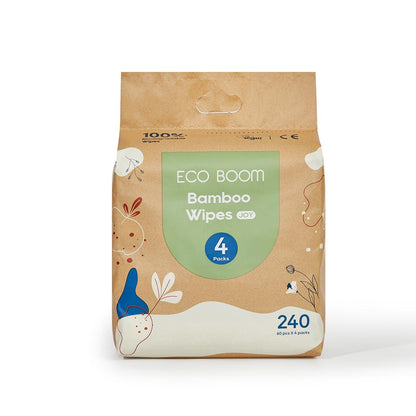 Pack de 4 toalhitas biodegradáveis ​​de bambu Ecoboom, 60 unidades