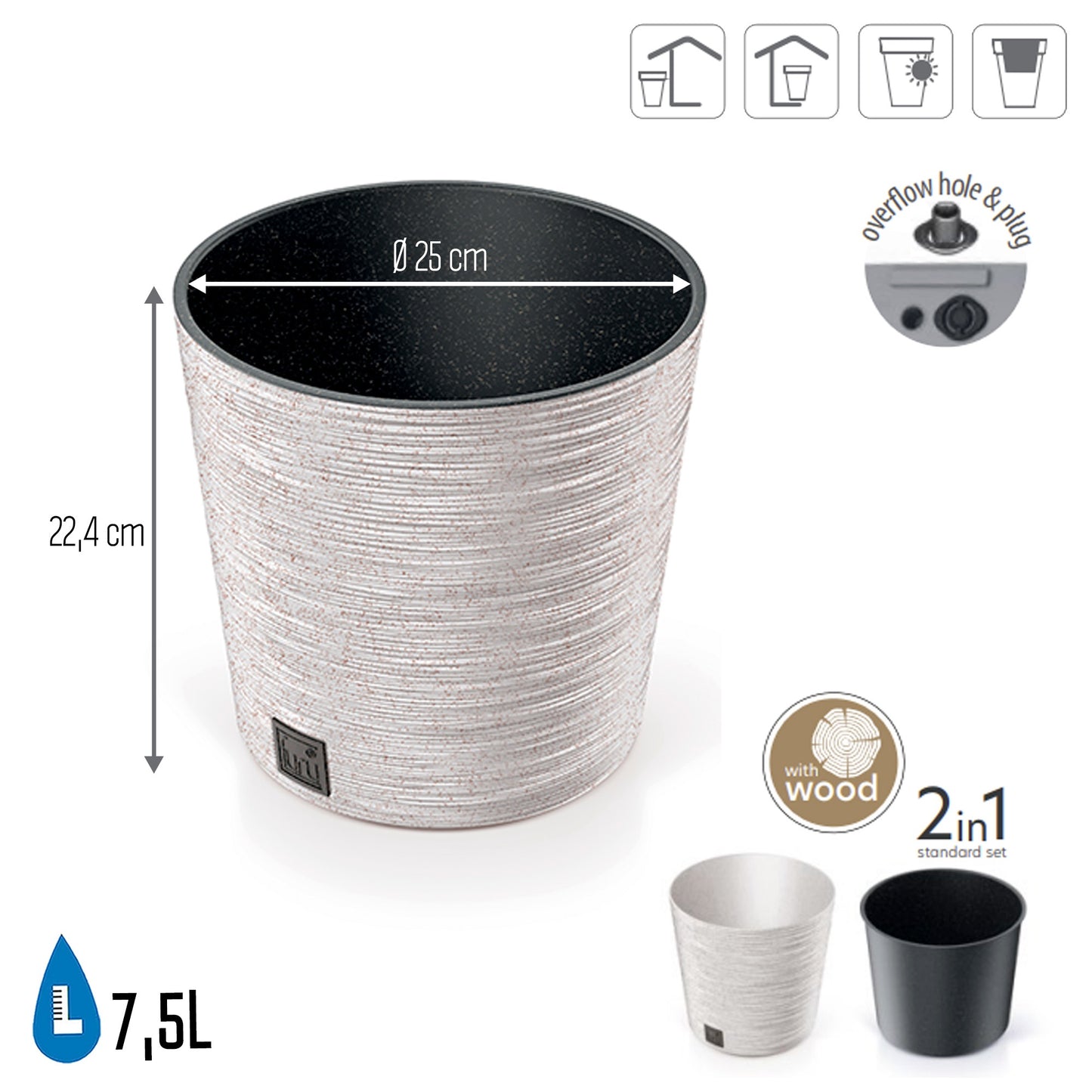 Macetero Color Blanco Roto, Con Depósito, Colección Furu, De 25 X 25 X 22,4 Cm, Capacidad De 7,5 L.