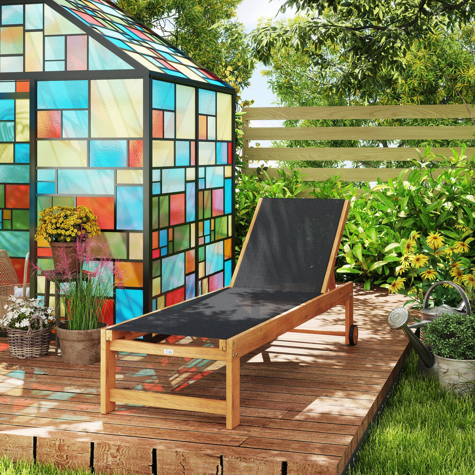 Outsunny Tumbona De Madera De Acacia Con Ruedas Respaldo Ajustable Negro_4