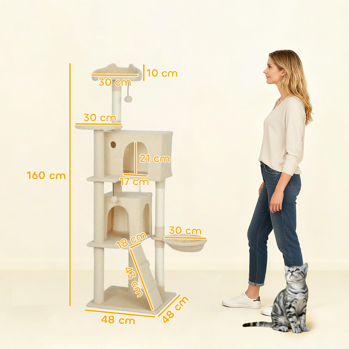 Pawhut Árbol Rascador Para Gatos 160 Cm Con Múltiples Plataformas Beige_2