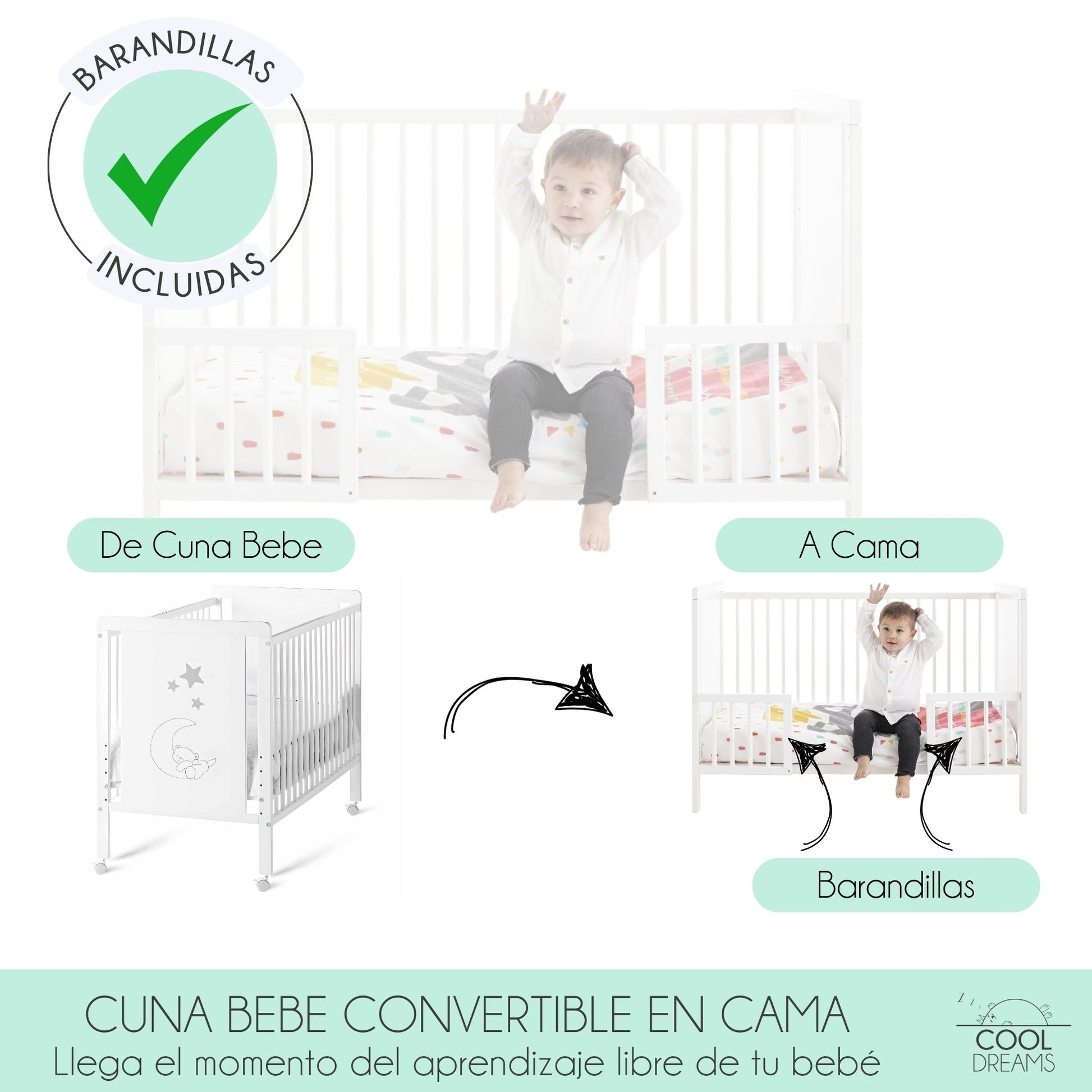Cuna Colecho De Bebé Indi Estilo Nórdico 120x60 Cm, Con Kit Colecho, 4 Ruedas Y Kit De Barandillas Para Cama Infantil_2