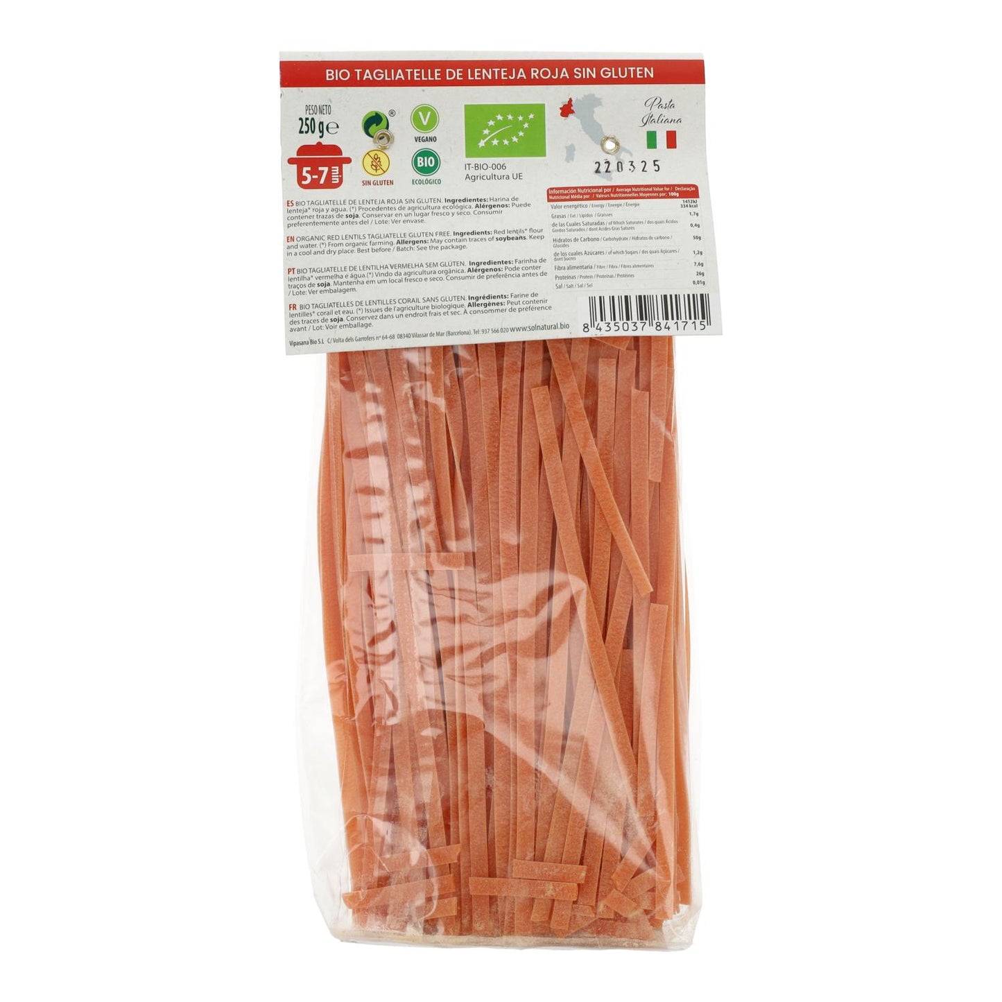 Tagliatelle de Lentilha Vermelha Biológica Sem Glúten Sol Natural 250g