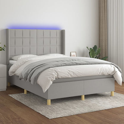Cama Box Spring Colchón Y Luces Led Tela Gris Claro 140x190 Cm / Vetonek_1