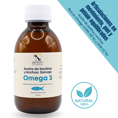 Aceite natural rico en Omega-3 para la piel y el pelaje de perros y gatos – Sardina y anchoa – 200 ml_0