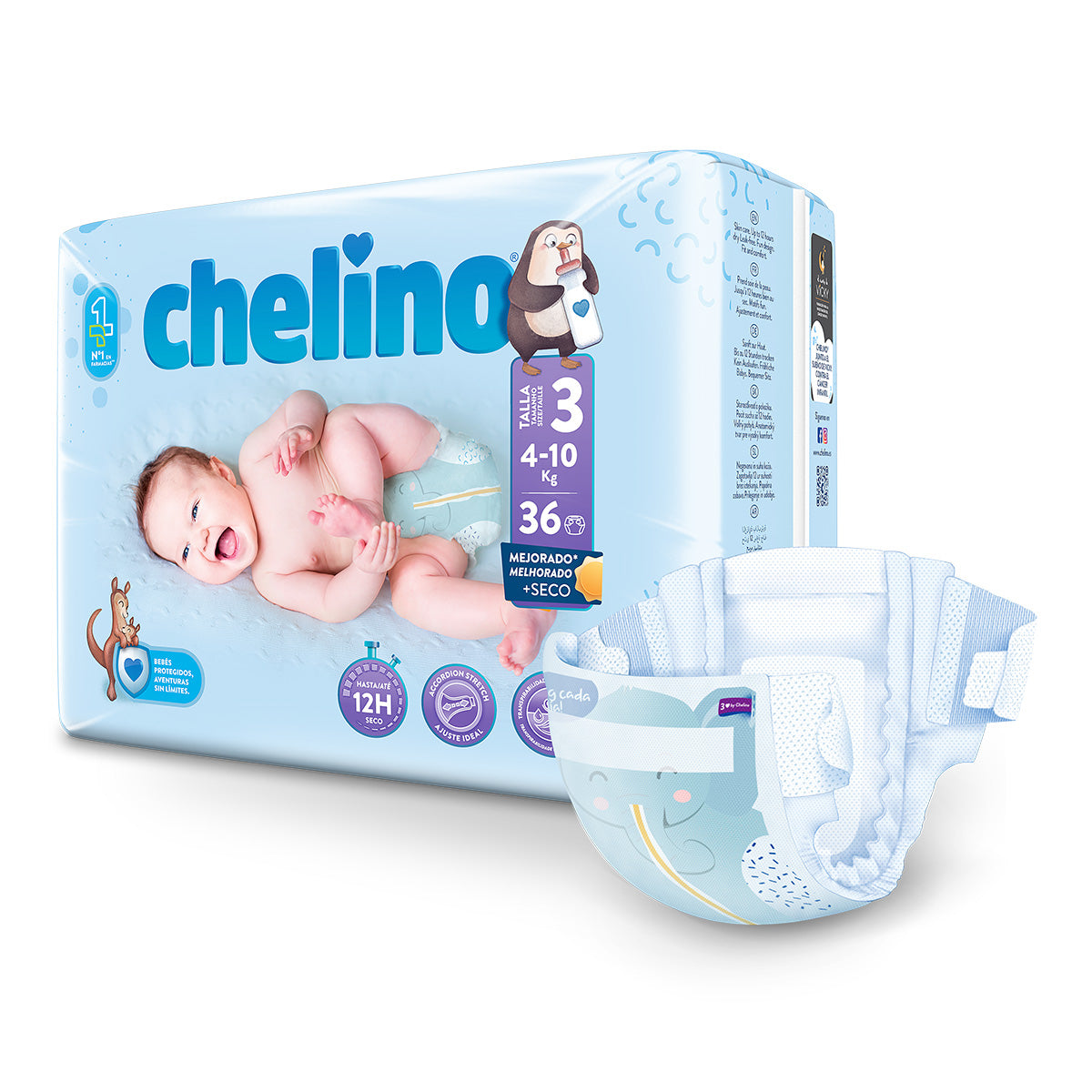 Embalagem de 6 fraldas T3 para deitar (4-10 kg) 36 unidades, Chelino