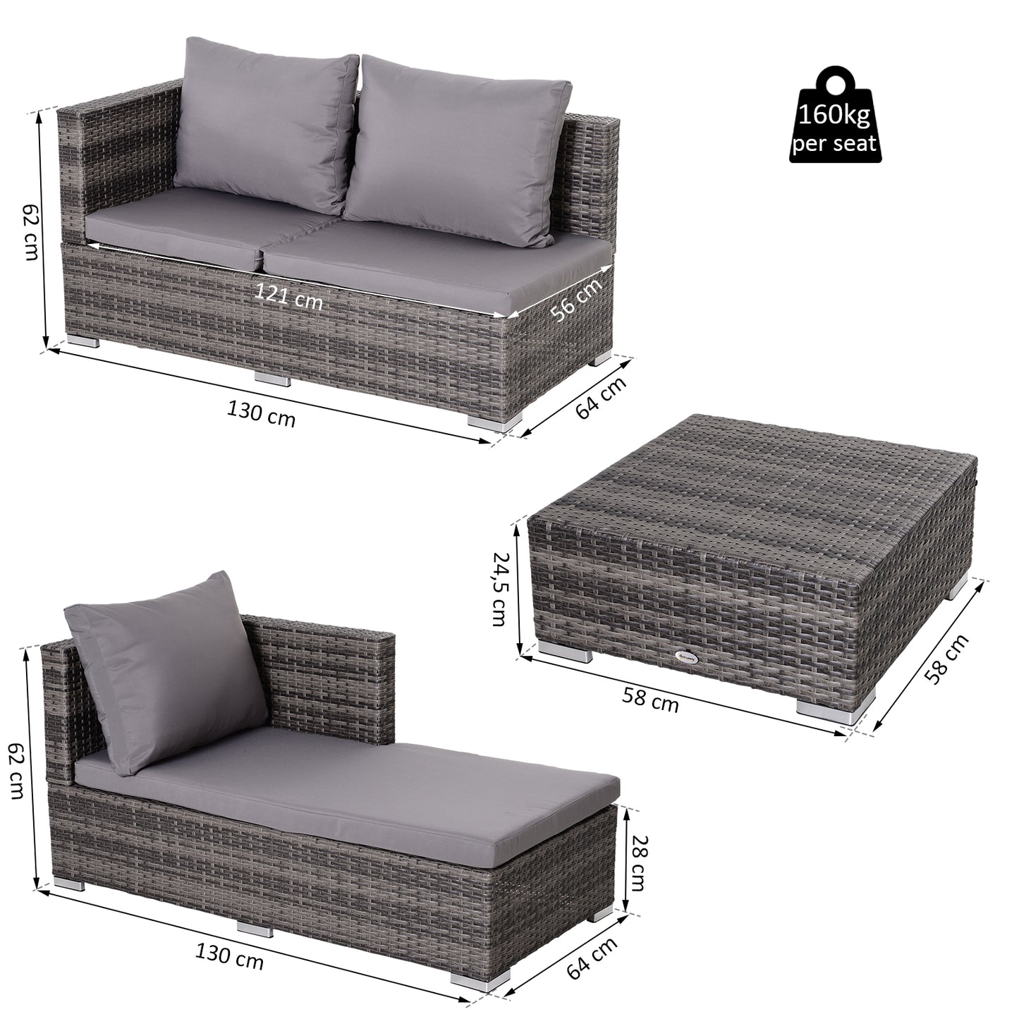 Outsunny Conjunto De Sofás De Ratán 3 Piezas Almacenaje Respaldo Ajustable Gris_2