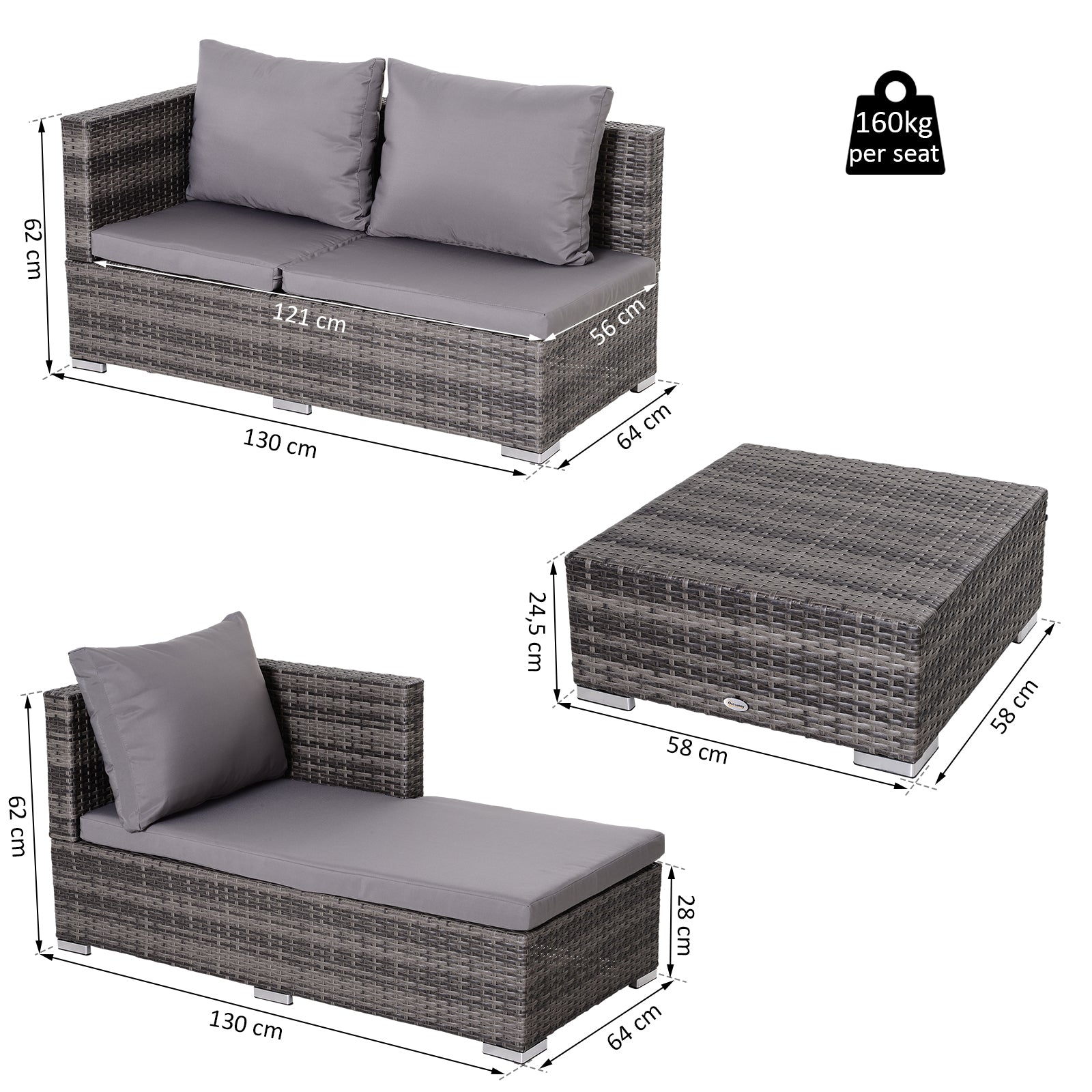 Outsunny Conjunto De Sofás De Ratán 3 Piezas Almacenaje Respaldo Ajustable Gris_2
