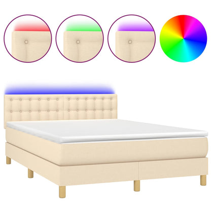 Cama Box Spring Con Colchón Y Led Tela Crema 140x200 Cm / Vetonek_0