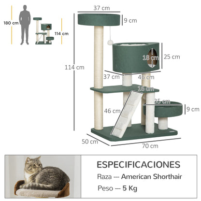 Pawhut Árbol Rascador Para Gatos Altura 114cm Con 2 Camas Cueva Plataforma Bolas_2