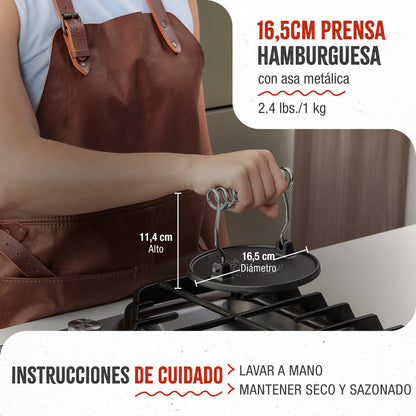 Victoria Prensa Hamburguesas Smash Burger Hierro Fundido Curado 16,5cm Aplastador Carne Para Barbacoa, 34641, Negro_4