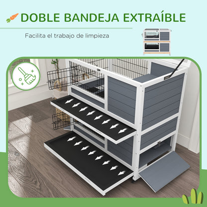 Pawhut Conejera De Madera De 2 Niveles Con Ruedas 90x53x97 Cm Gris_5