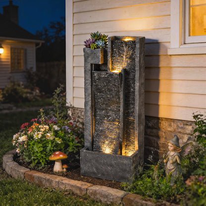 Outsunny Fuente De Agua En Cascada Con Luces Led Maceta Y Bomba 38x19x101 Cm_1