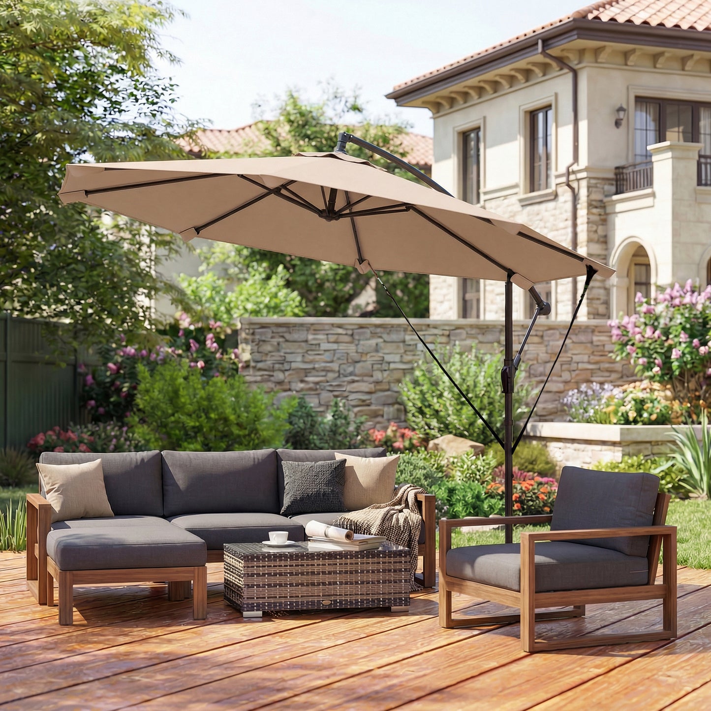 Outsunny Parasol Excéntrico Ø300 Cm Con Base Cruzada Manivela Y Funda Caqui_4