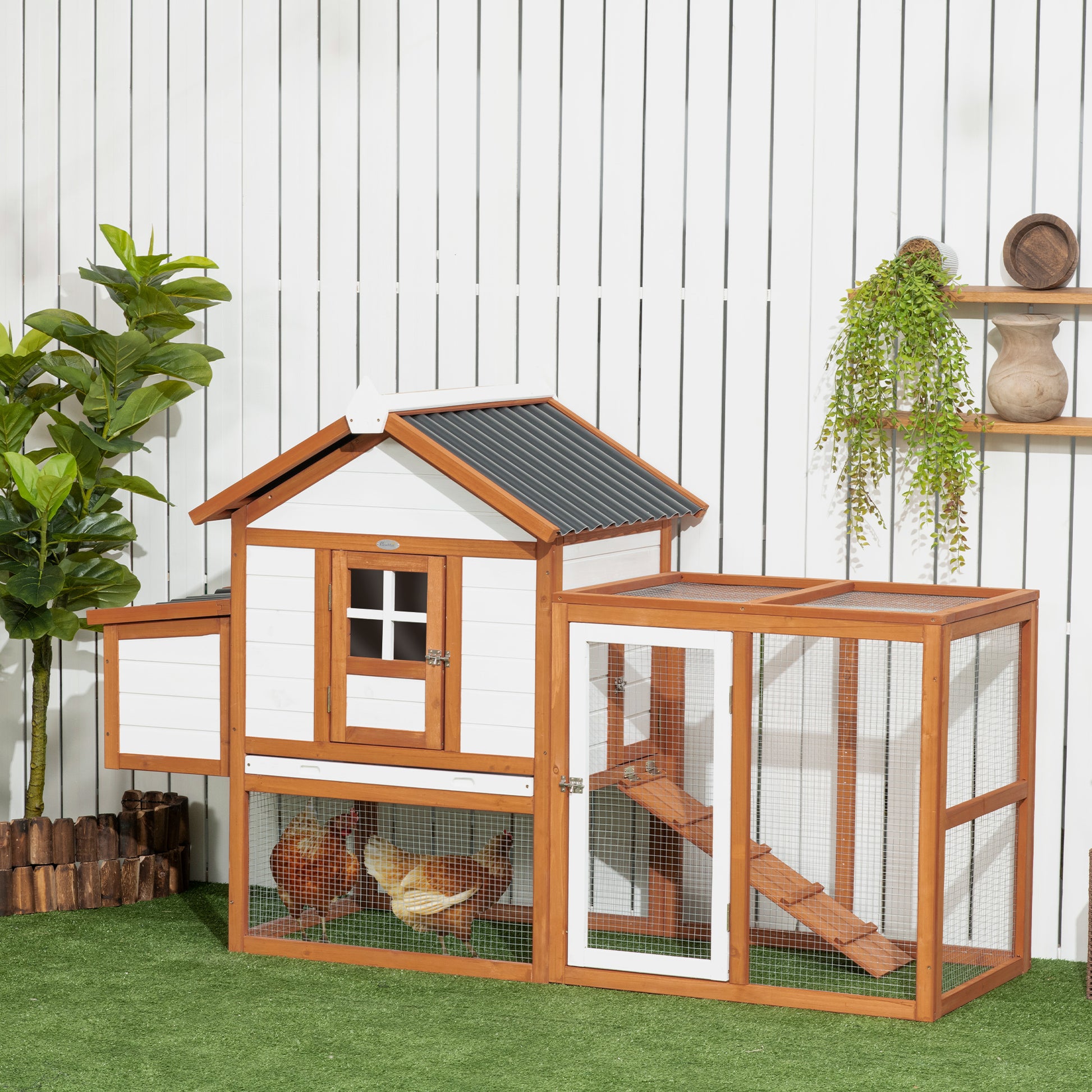 Pawhut Gallinero De Madera Para Exterior 181x79,5x117,5 Cm Con Corral De Metal_1