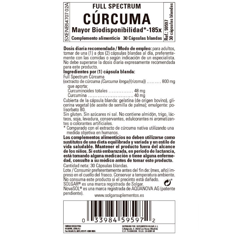 Curcumina de espectro completo, 30 esferas de 185 mg