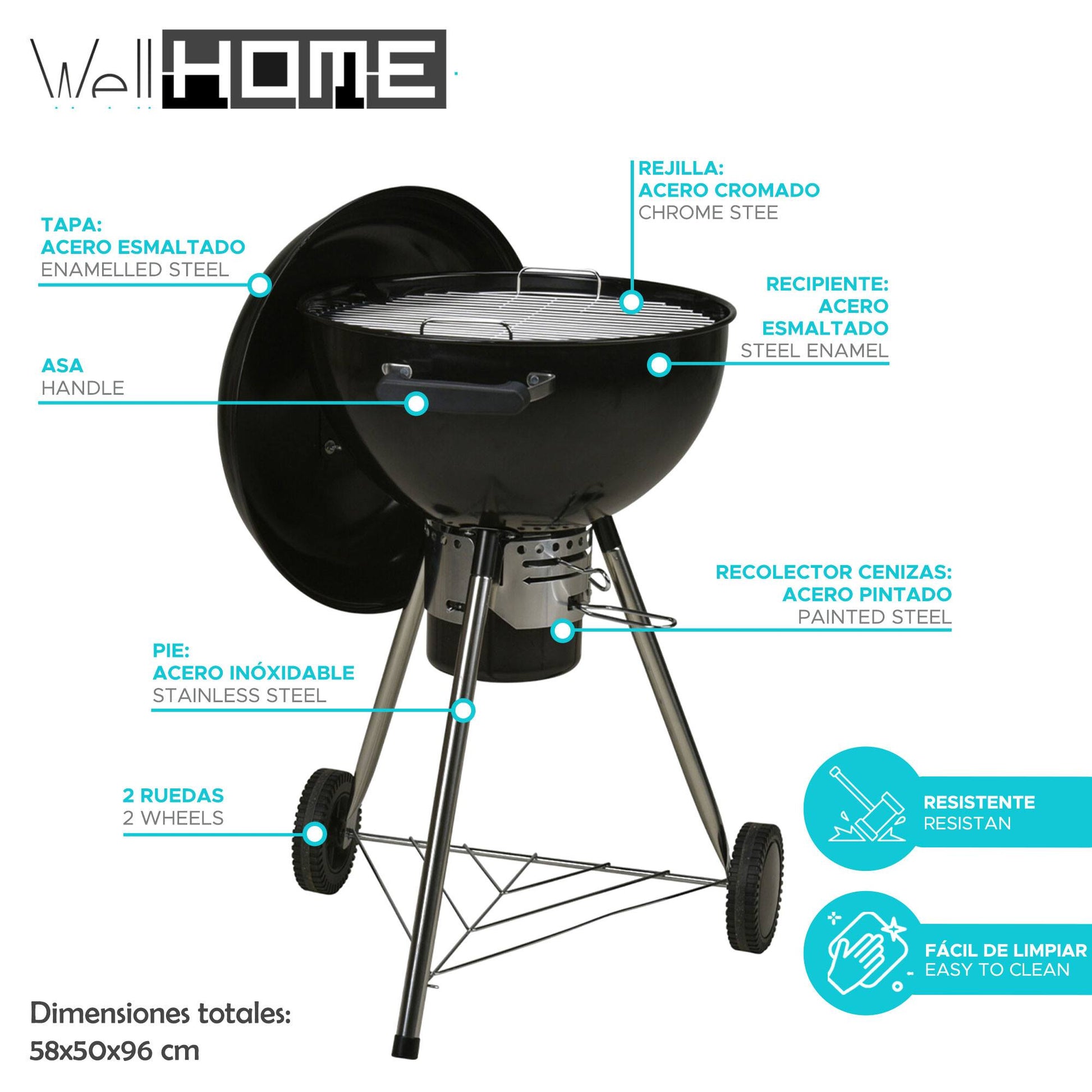 Well Home - Barbacoa Esférica 58x50x96cm Acero Esmaltado Y Rejilla Cromada_1