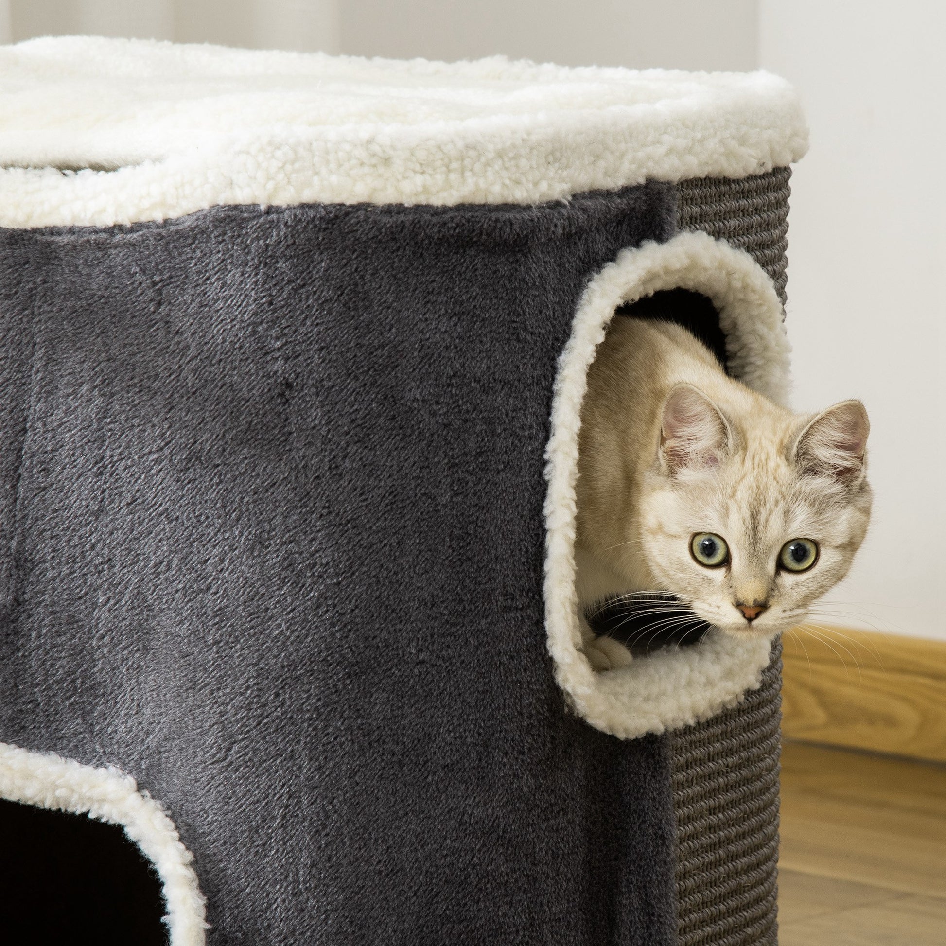 Pawhut Barril Rascador Para Gatos 2 Niveles Con Cuevas De Sisal 40x40x49cm Gris_4