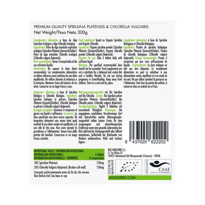 Mistura orgânica de spirulina e clorela, 600 comprimidos. Aldous Bio
