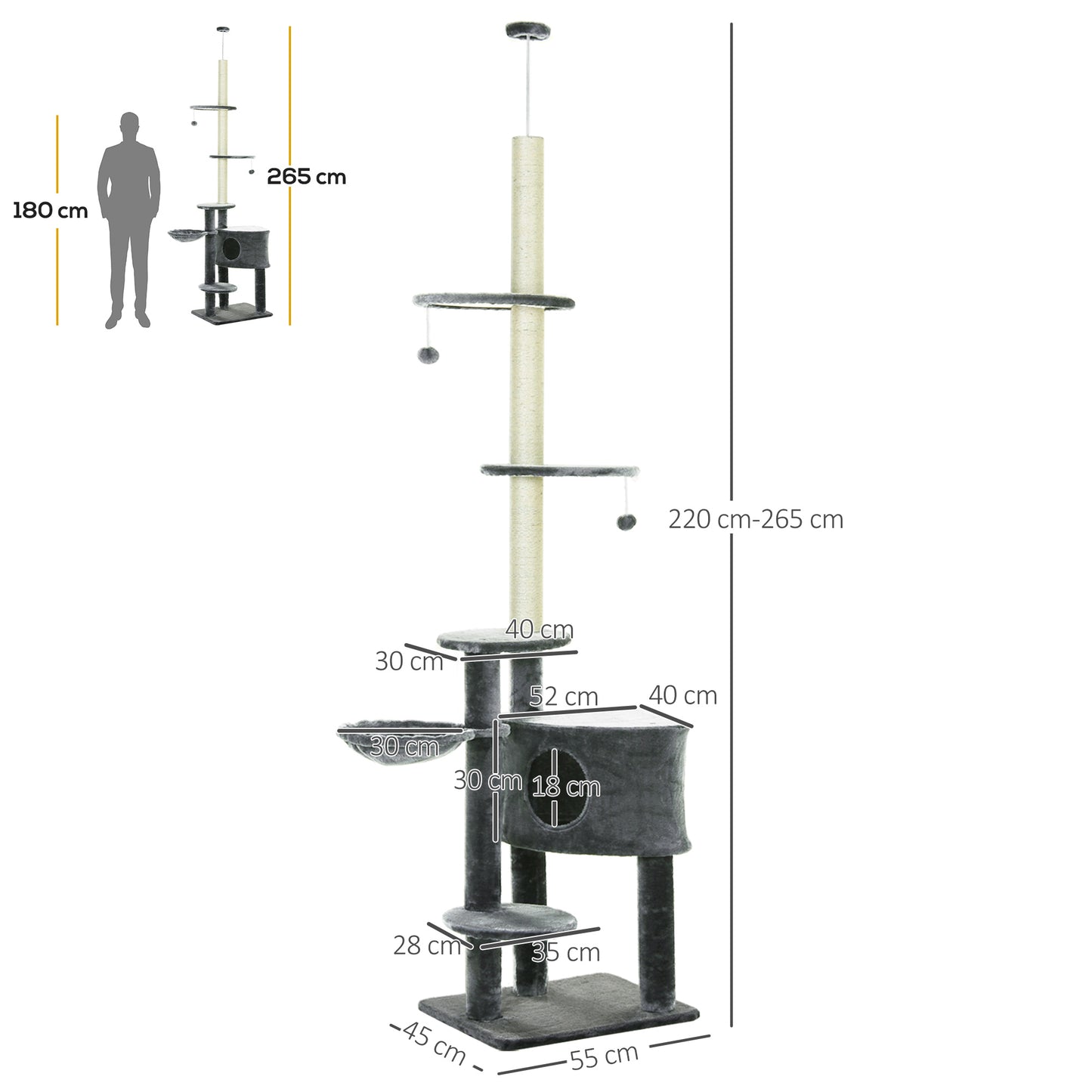Pawhut Árbol Rascador Para Gatos De 220-265 Cm Altura Ajustable Al Techo Gris_2