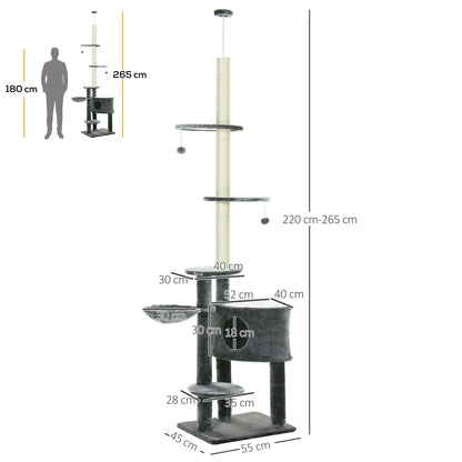 Pawhut Árbol Rascador Para Gatos De 220-265 Cm Altura Ajustable Al Techo Gris_2