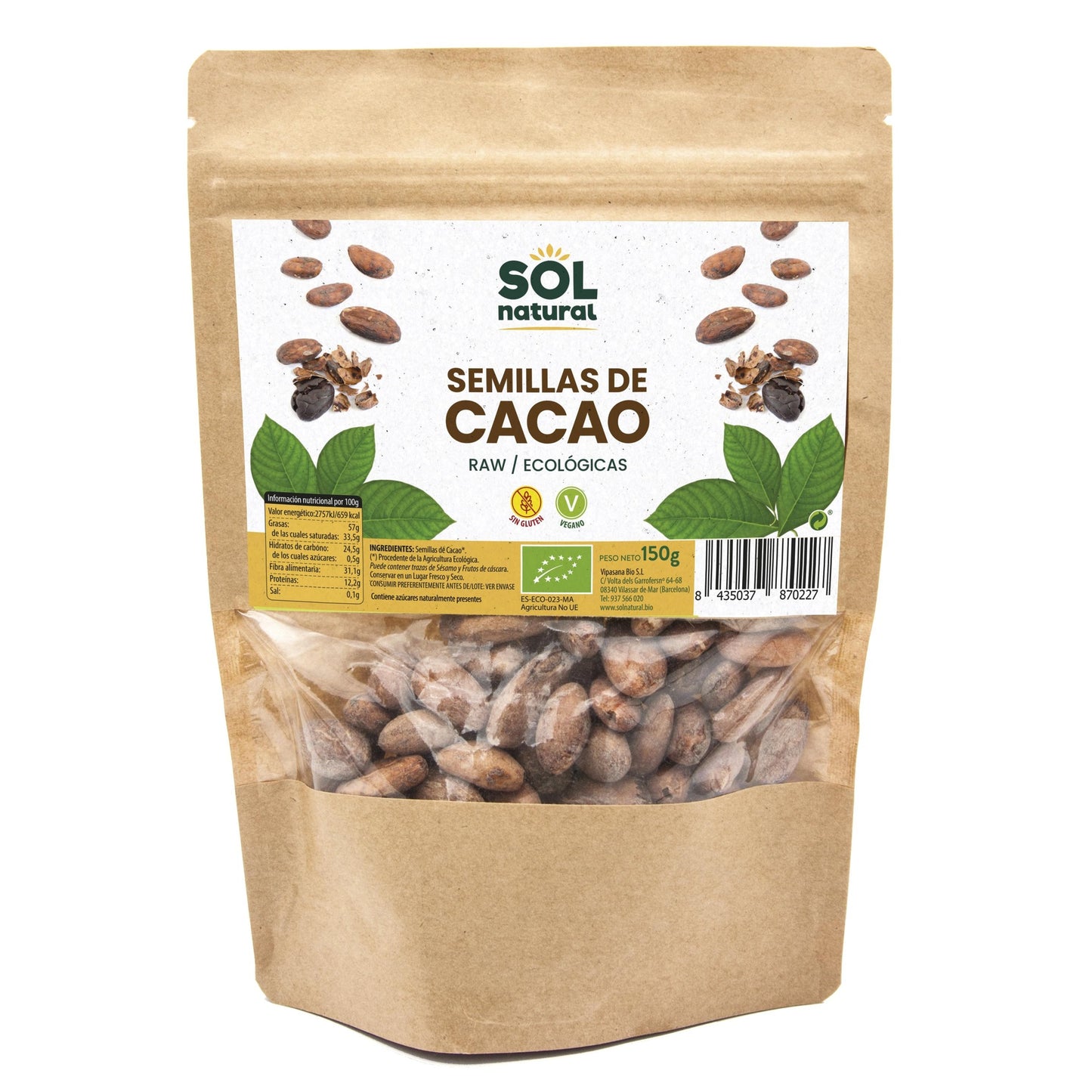 Sementes de Cacau Cru Biológico Sol Natural 150 g