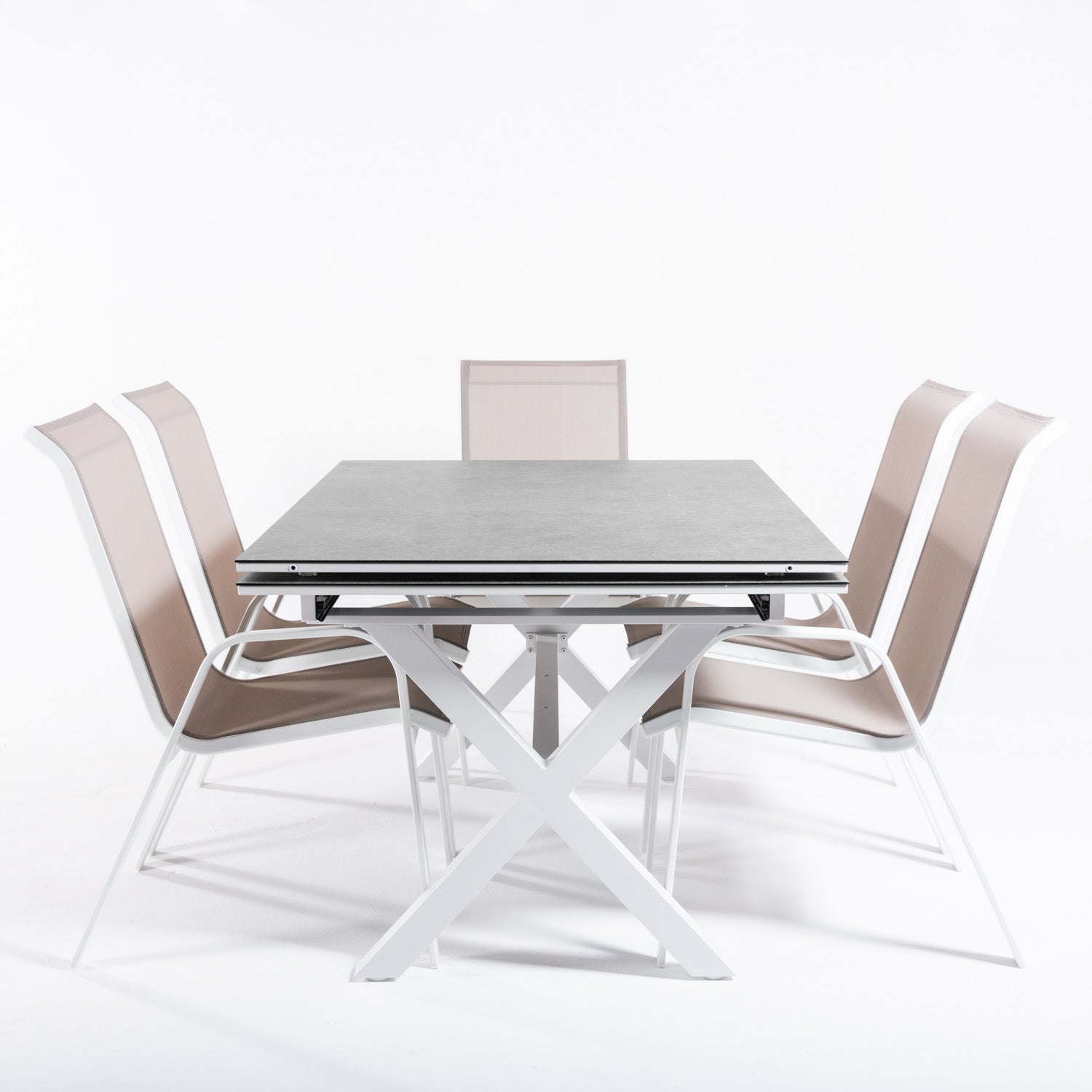 Conjunto De Mesas Y Sillas Apilables Para Terraza, Mesa Extensible 150 A 250 Cm, Aluminio Y Cristal, Color Blanco_3