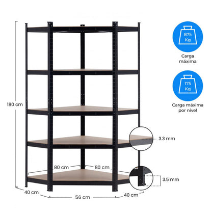 Estantería Esquinera Modular Negra 5 Baldas Ajustables 180x80x40x56cm 875kg 7house_5