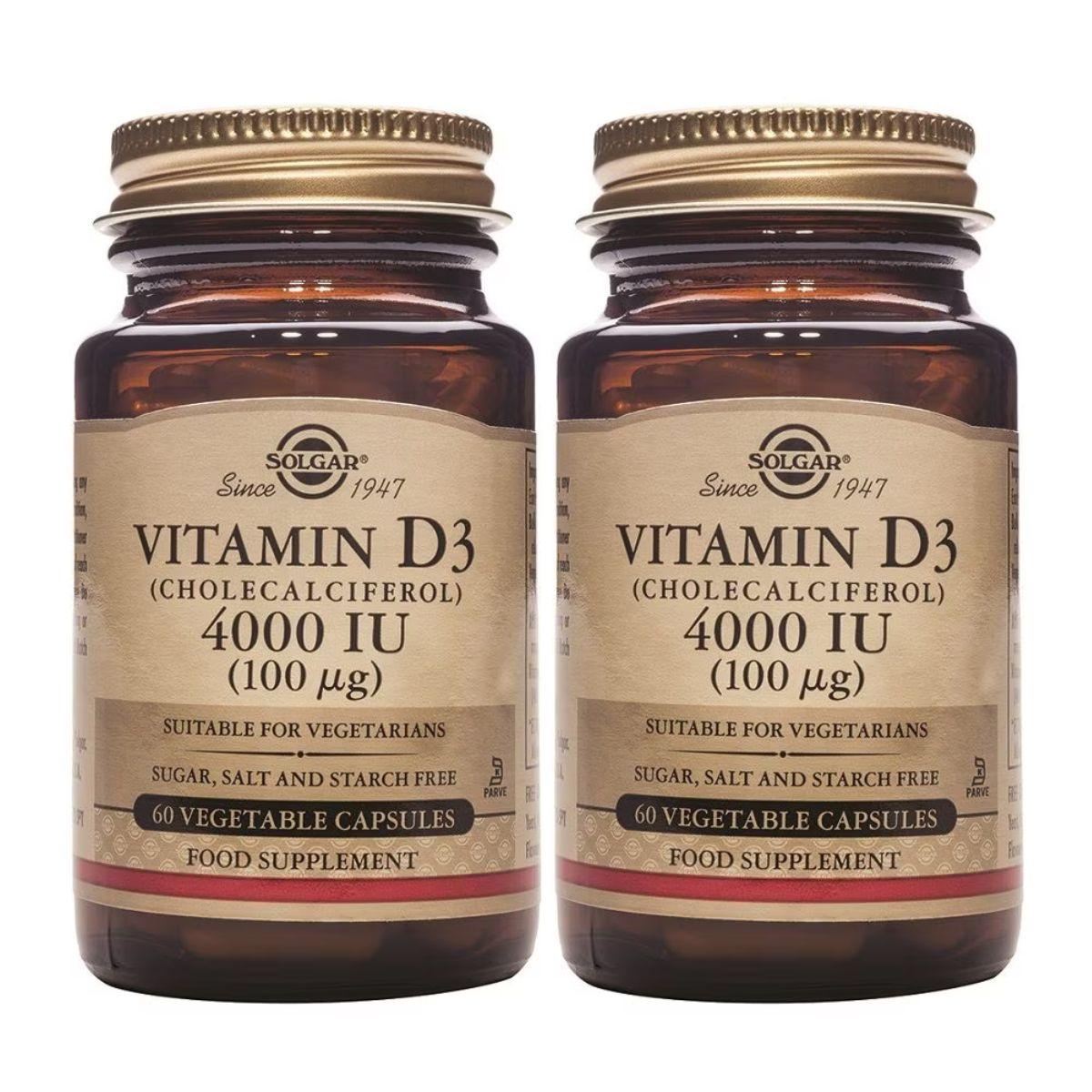 Embalagem 2x Vitamina D3 (Colecalciferol) 4000 UI (100 μg) 60 cápsulas vegetais Solgar