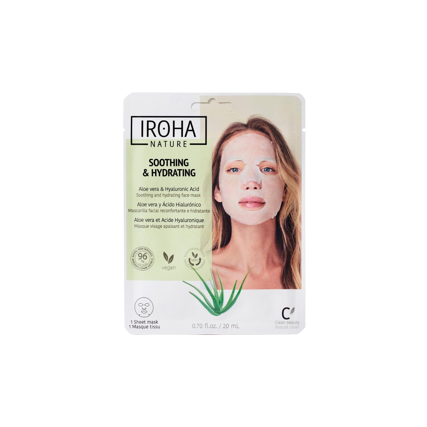 Máscara de tecido hidratante e reconfortante com aloé vera da Iroha Nature 20ml