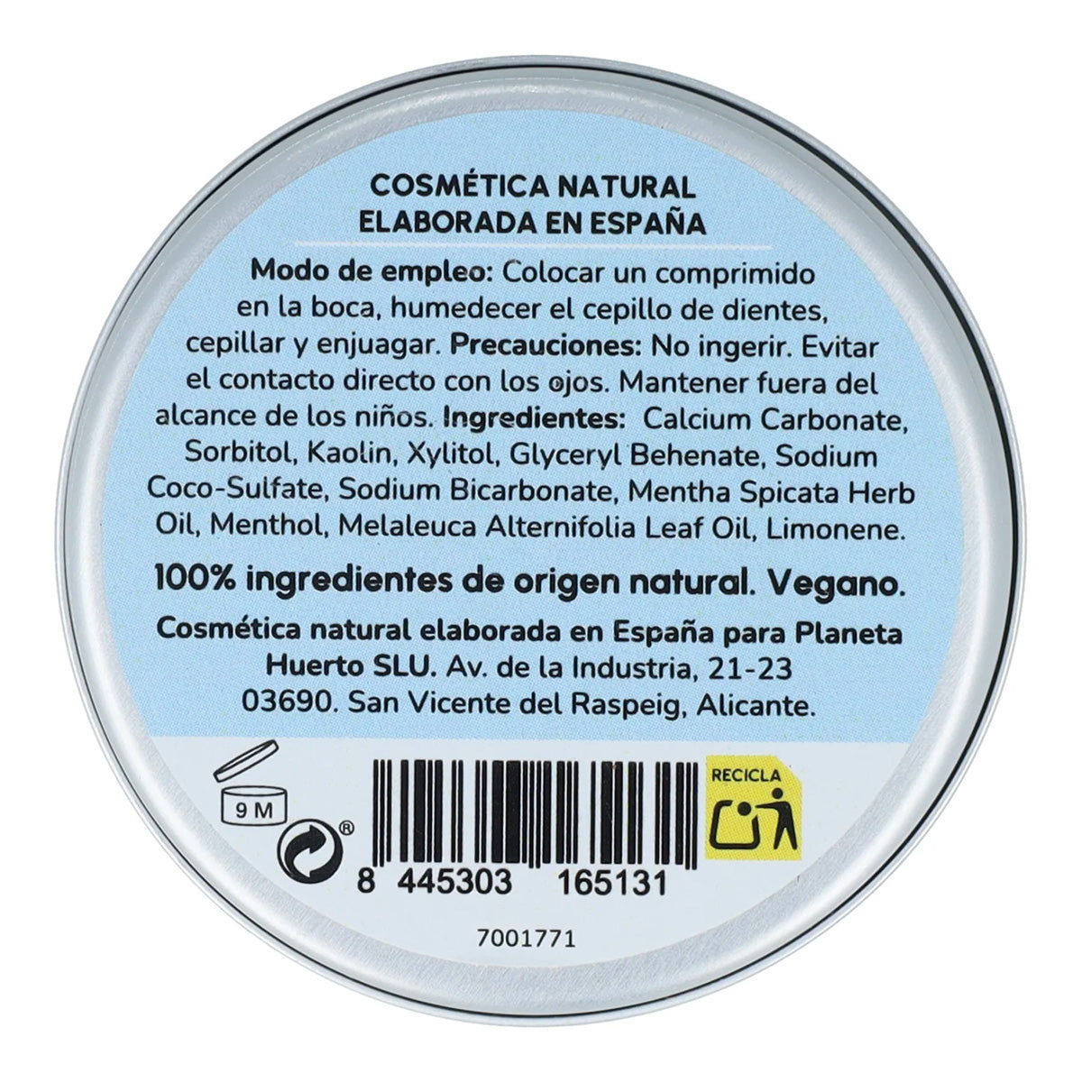 Pasta de dentes sólida sem flúor Planeta Huerto 120 comprimidos